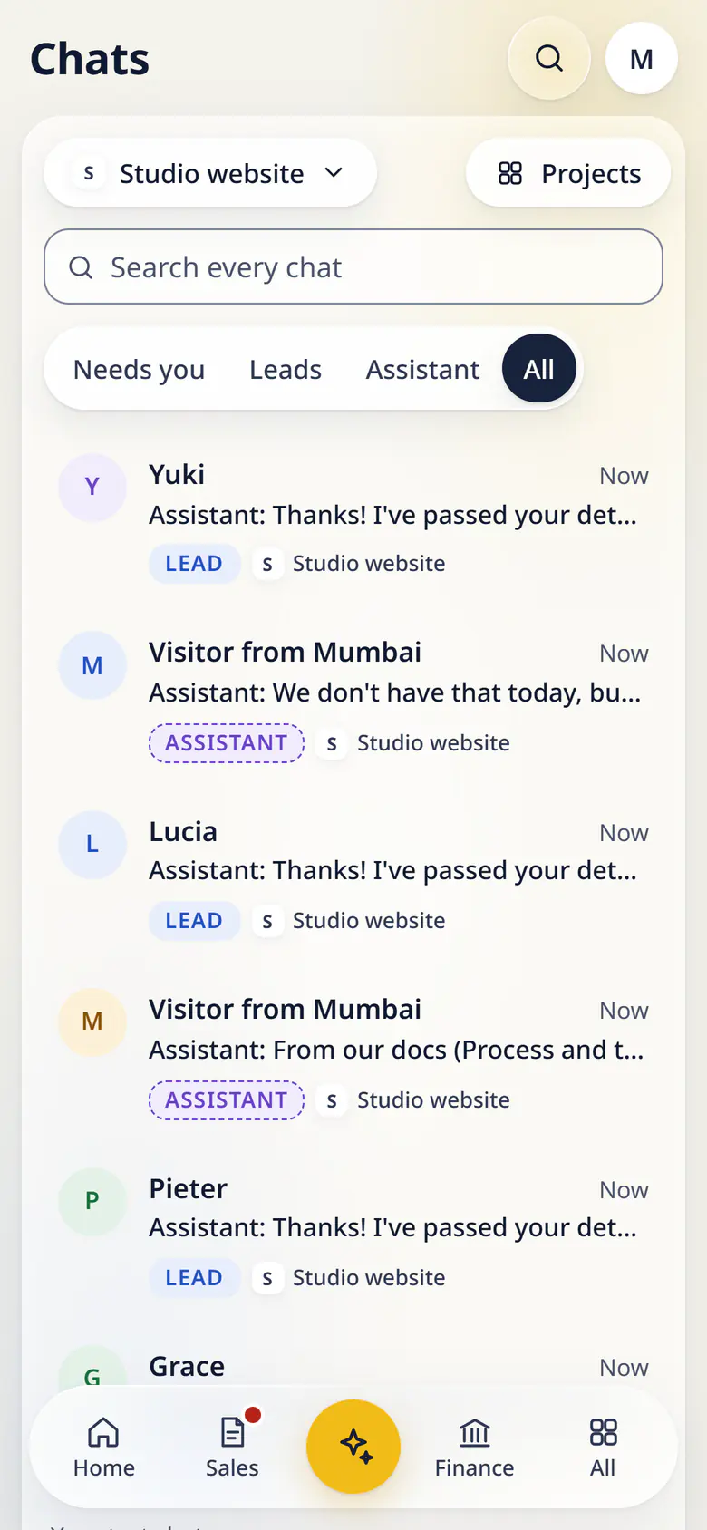 The Chatbot module in LuckPanda for Fernhill Studio on a phone: the Chats inbox of Fernhill Studio showing the Studio website project: a project filter, the Projects button, search, the Needs you, Leads, Assistant and All views, and visitors such as Yuki, Lucia and Pieter, each with the last message, a status seal such as Lead or Assistant and the project.