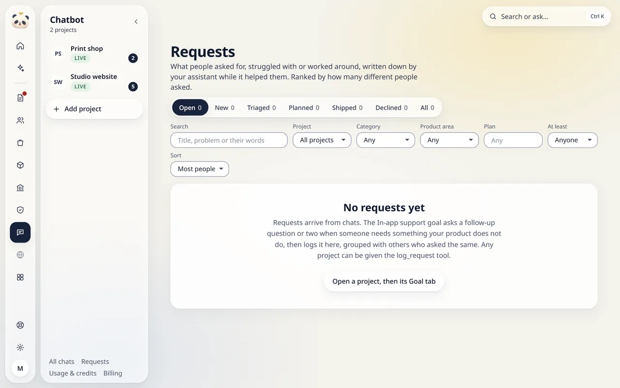 Requests in LuckPanda for Fernhill Studio: with No requests yet.