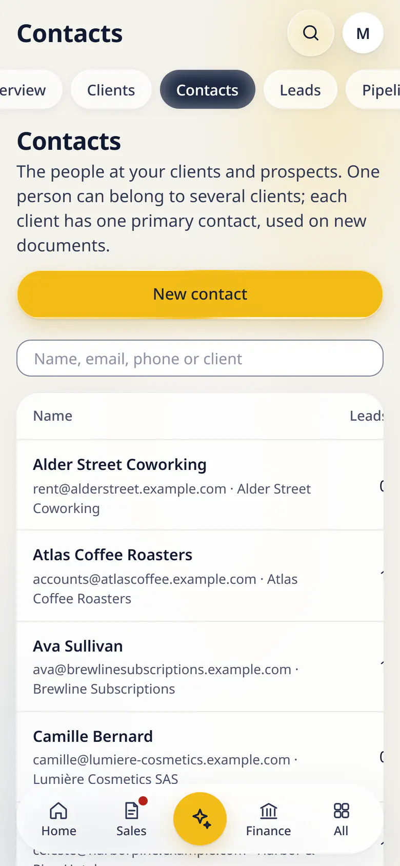 Contacts in LuckPanda for Fernhill Studio on a phone: rows include Alder Street Coworking rent@alderstreet.example.com · Alder Street Coworking, 0; Atlas Coffee Roasters accounts@atlascoffee.example.com · Atlas Coffee Roasters, 1.