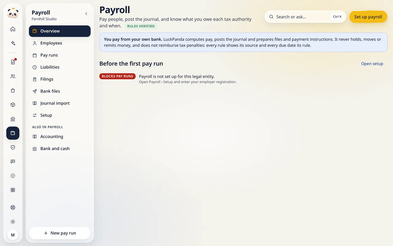 Payroll in LuckPanda for Fernhill Studio: with Before the first pay run.