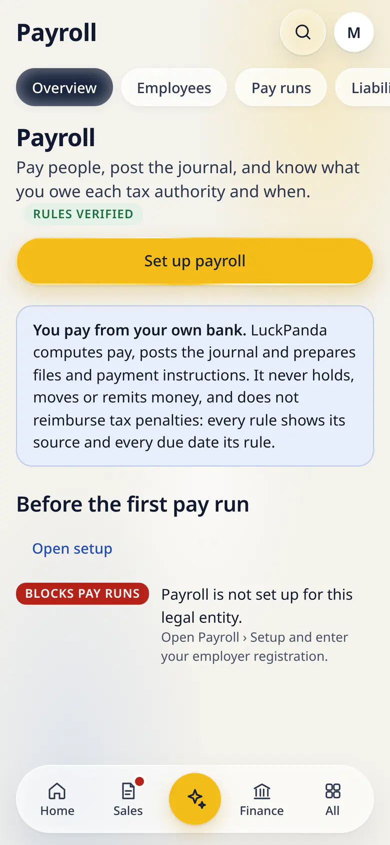 Payroll in LuckPanda for Fernhill Studio on a phone: with Before the first pay run.