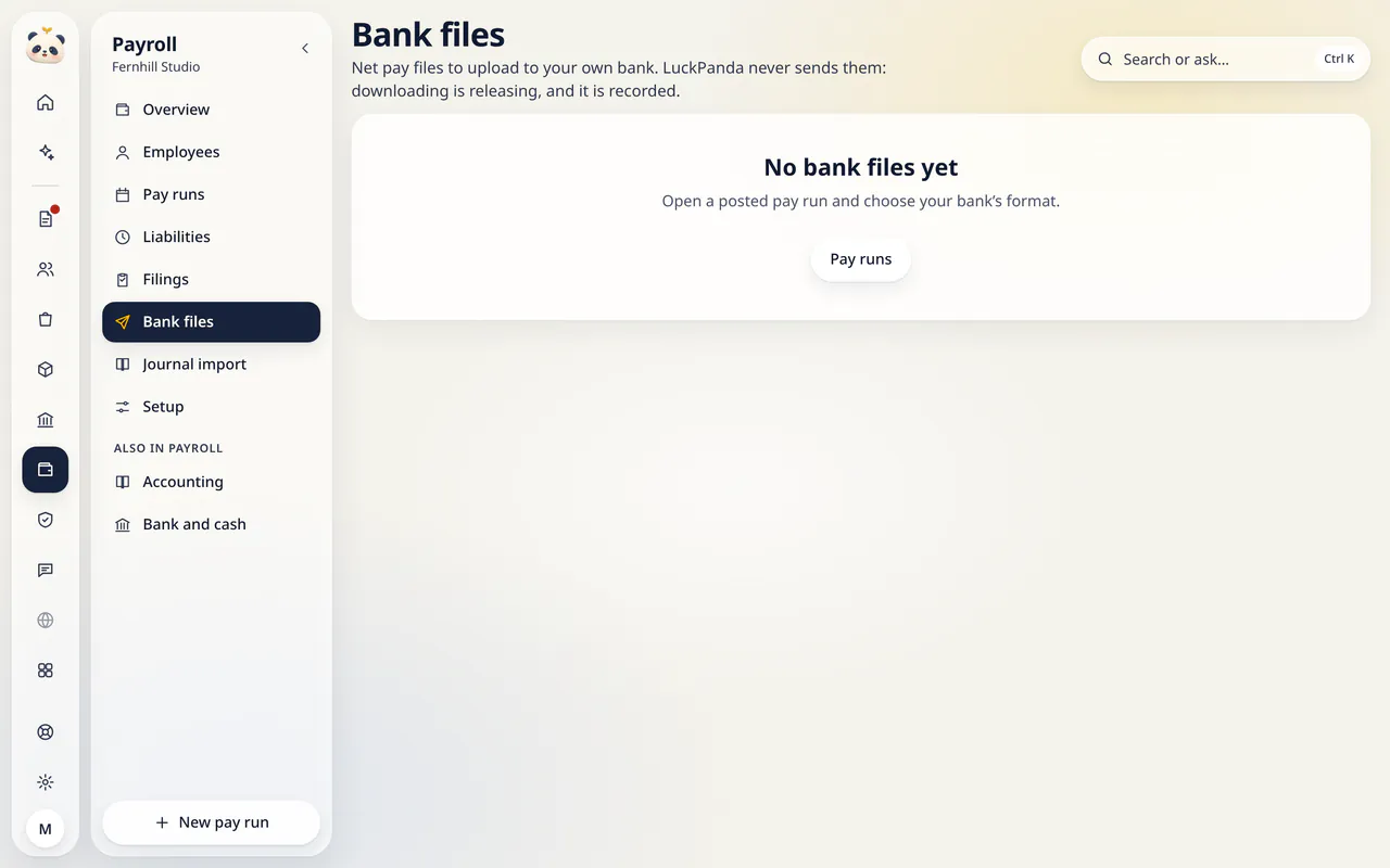 Bank files in LuckPanda for Fernhill Studio: with No bank files yet.