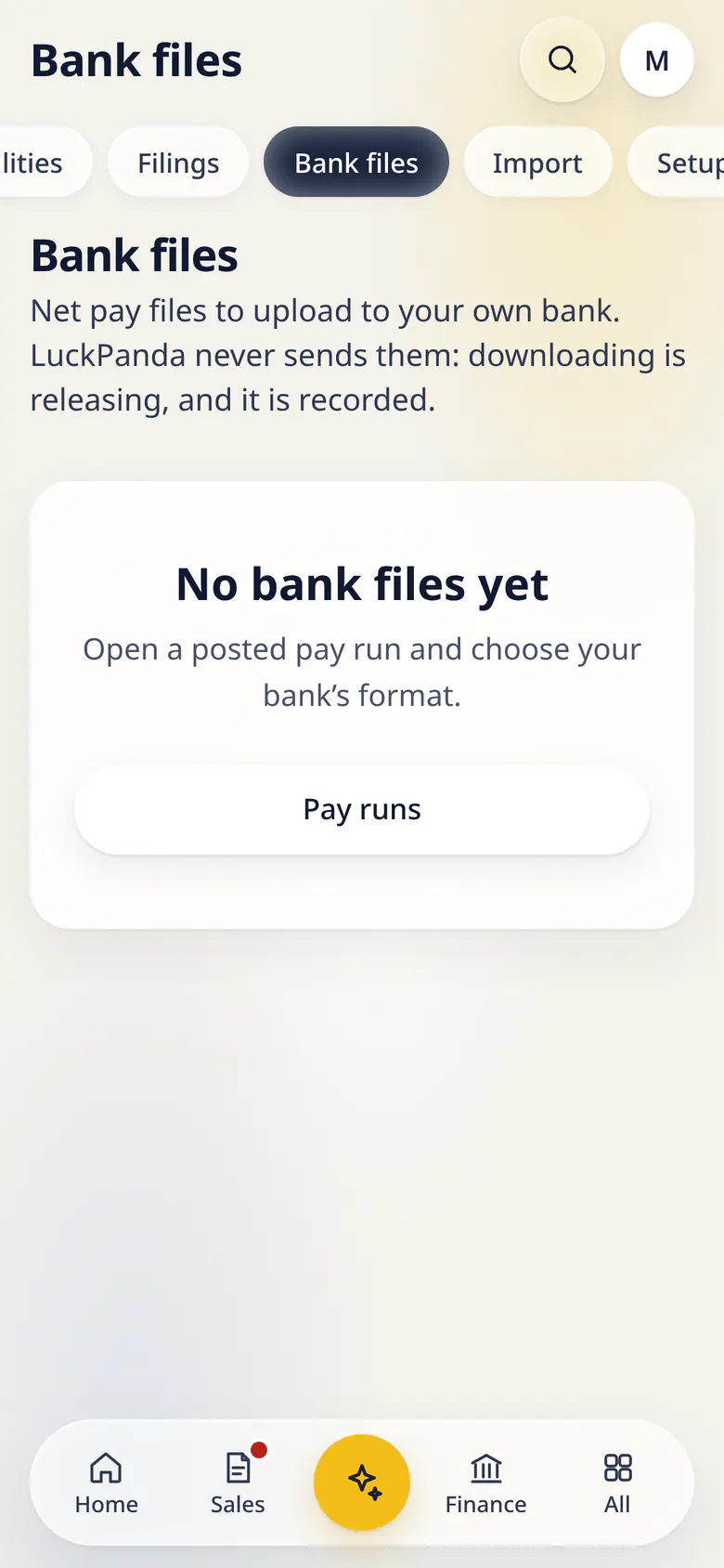 Bank files in LuckPanda for Fernhill Studio on a phone: with No bank files yet.