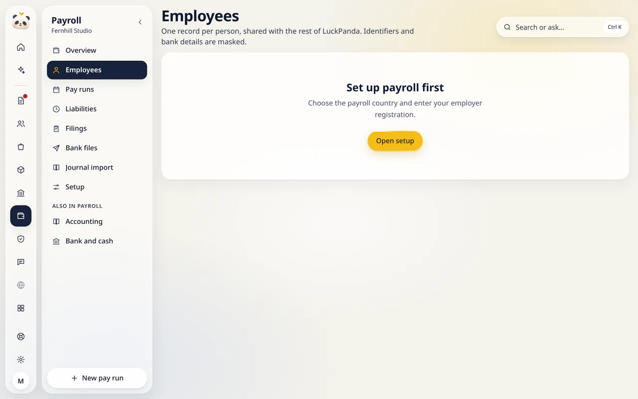 Employees in LuckPanda for Fernhill Studio: with Set up payroll first.