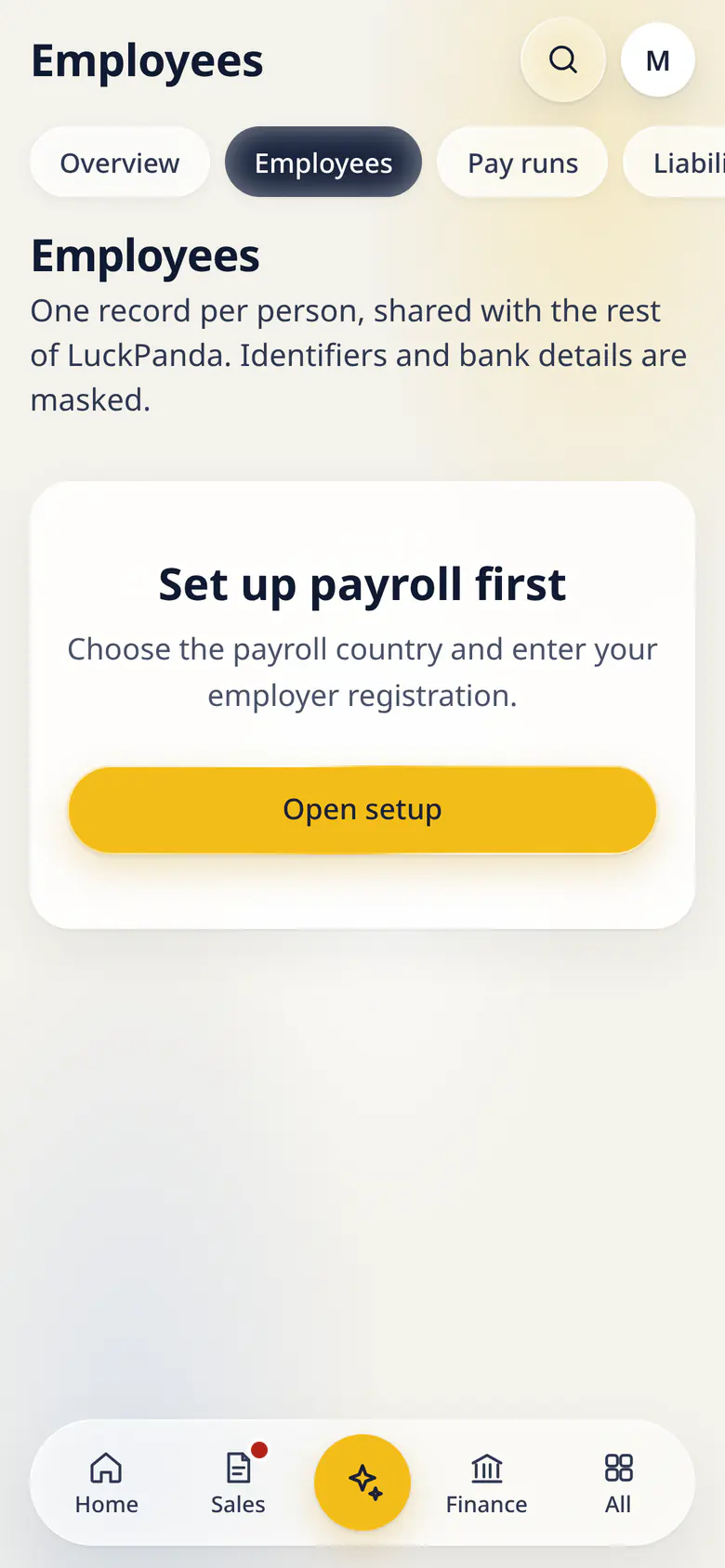 Employees in LuckPanda for Fernhill Studio on a phone: with Set up payroll first.