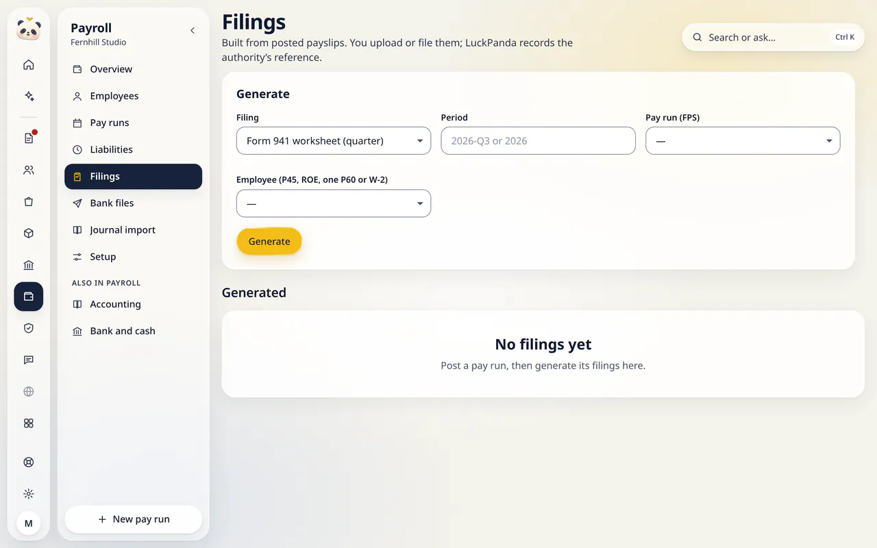 Filings in LuckPanda for Fernhill Studio: with Generate, Generated, No filings yet.