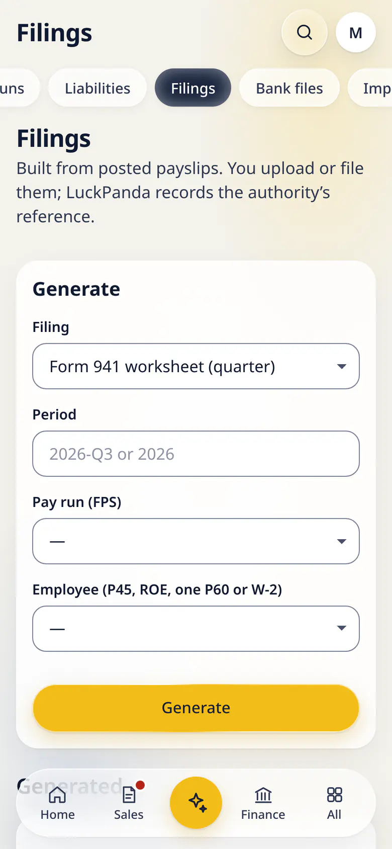 Filings in LuckPanda for Fernhill Studio on a phone: with Generate, Generated.