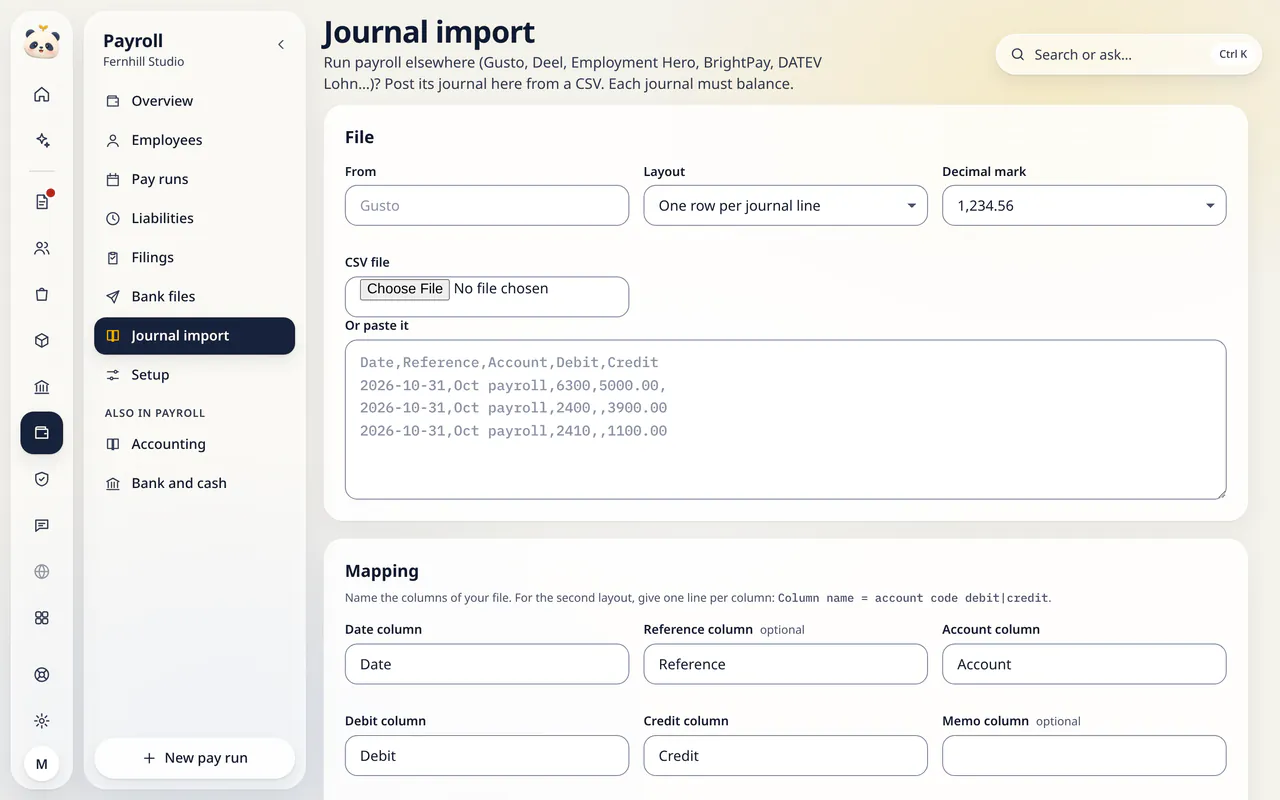 Journal import in LuckPanda for Fernhill Studio: with File, Mapping.