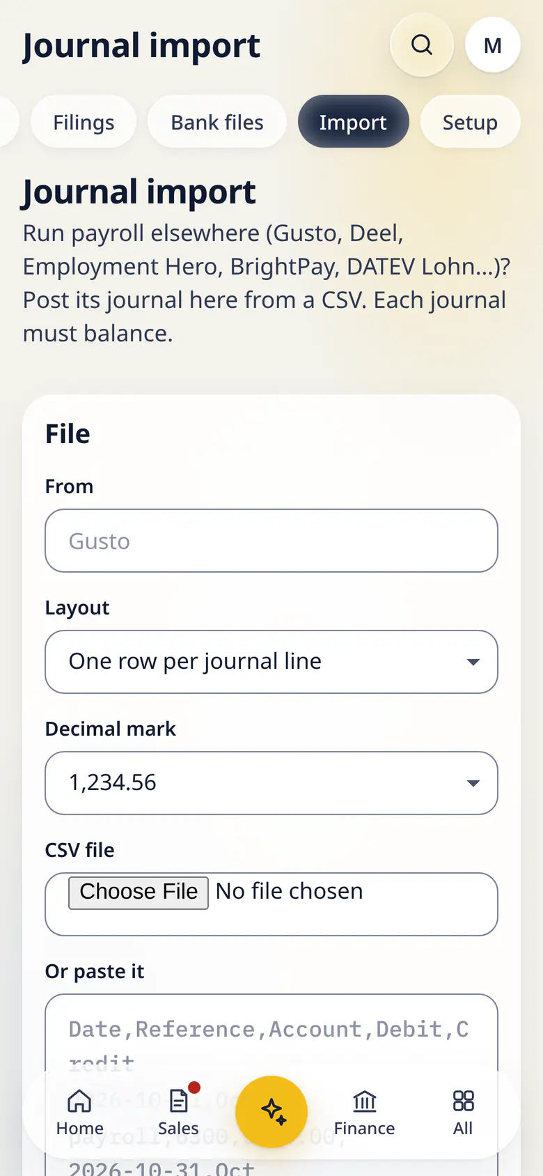 Journal import in LuckPanda for Fernhill Studio on a phone: with File.
