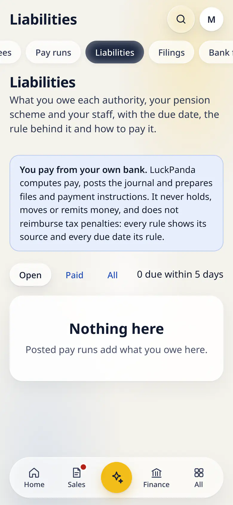 Liabilities in LuckPanda for Fernhill Studio on a phone: with Nothing here.