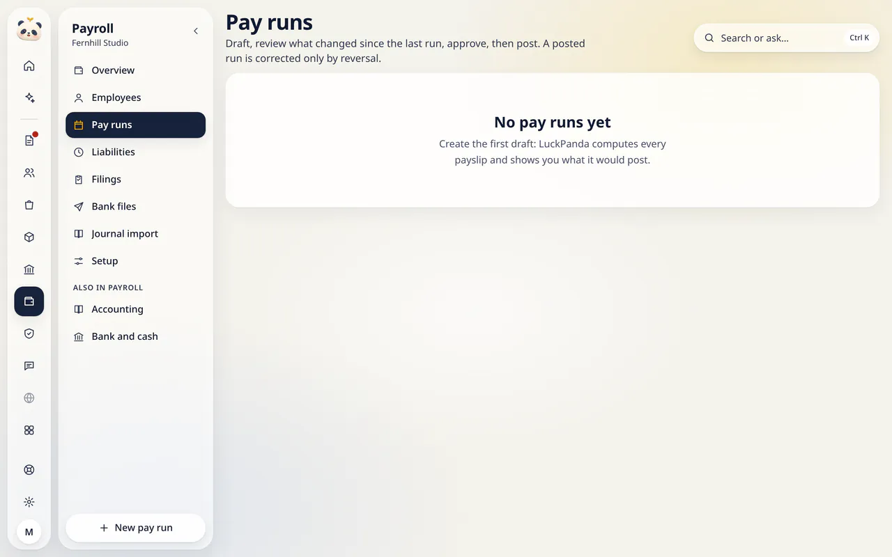 Pay runs in LuckPanda for Fernhill Studio: with No pay runs yet.