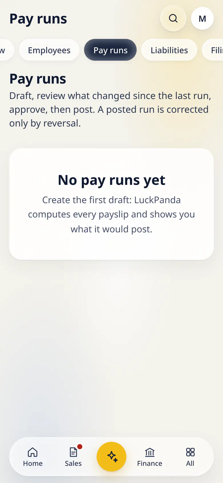Pay runs in LuckPanda for Fernhill Studio on a phone: with No pay runs yet.