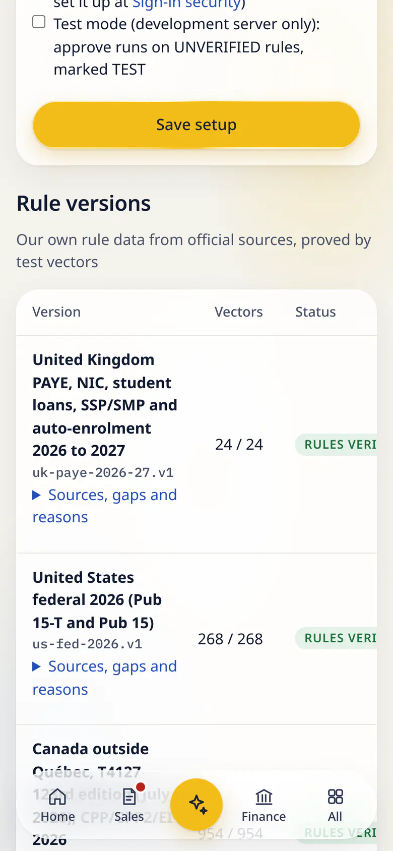Payroll setup in LuckPanda for Fernhill Studio on a phone: rows include United Kingdom PAYE, NIC, student loans, SSP/SMP and auto-enrolment 2026 to 2027 uk-paye-2026-27.v1 Sources, gaps and reasons, 24 / 24, Rules verified; United States federal 2026 (Pub 15-T and Pub 15) us-fed-2026.v1 Sources, gaps and reasons, 268 / 268, Rules verified.