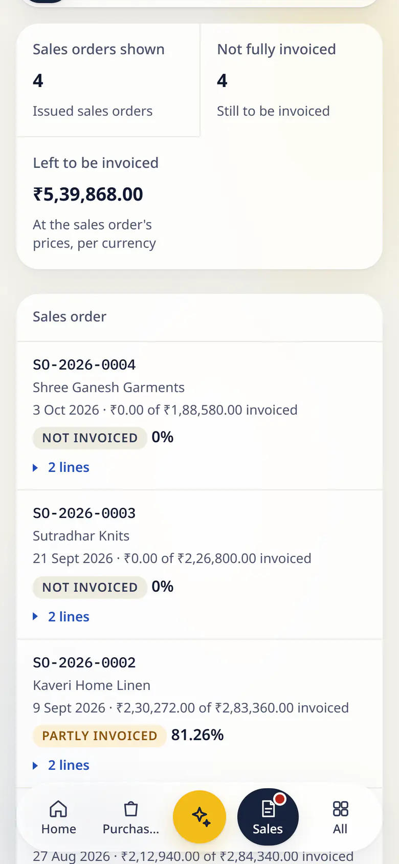 Order management in LuckPanda for Kesar Textiles on a phone: showing sales orders shown 4; not fully invoiced 4; left to be invoiced ₹5,39,868.00. Rows include SO-2026-0004 Shree Ganesh Garments 3 Oct 2026 · ₹0.00 of ₹1,88,580.00 invoiced Not invoiced 0% 2 lines; SO-2026-0003 Sutradhar Knits 21 Sept 2026 · ₹0.00 of ₹2,26,800.00 invoiced Not invoiced 0% 2 lines.